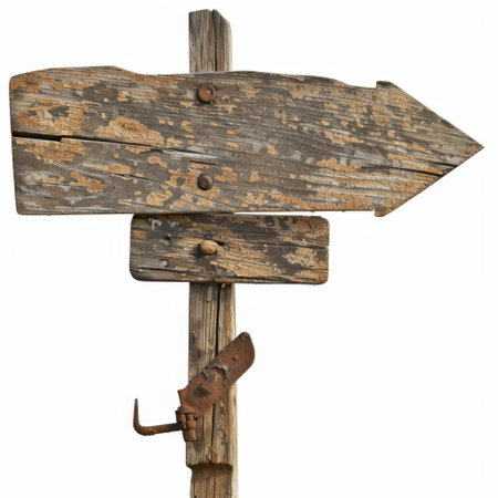 Rustic wooden sign post with a weathered directional arrow, perfect for outdoor decor, nature photography, or creative projects that evoke a vintage charm.の素材