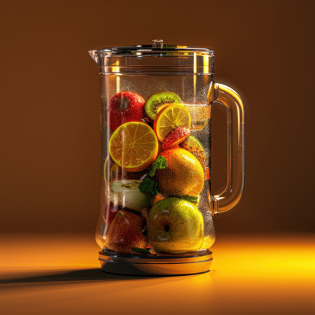 A clear blender filled with vibrant fruits, showcasing healthy ingredients for smoothies. Perfect for culinary enthusiasts focused on nutritious drinks.の素材