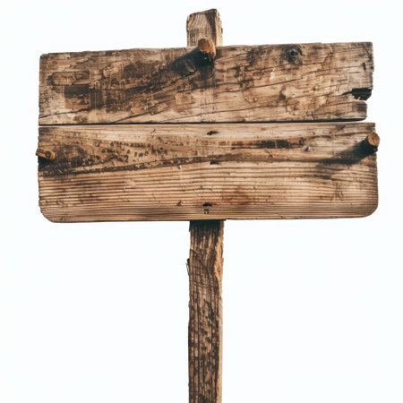 A weathered wooden sign stands alone in a serene outdoor setting, showcasing rustic charm. Perfect for various design projects needing a natural touch.の素材