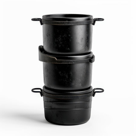 A sleek arrangement of three black cooking pots with handles, perfect for modern kitchens. Ideal for culinary use, these pots combine functionality and style.の素材