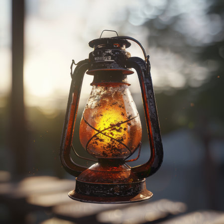 A beautifully crafted vintage oil lantern emits a warm glow in a rustic outdoor setting, perfect for evoking a sense of nostalgia and adventure in nature.の素材