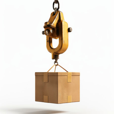 A yellow crane hook is lifting a wooden box against a smooth white background, illustrating the logistics and transportation processes in various industries.の素材