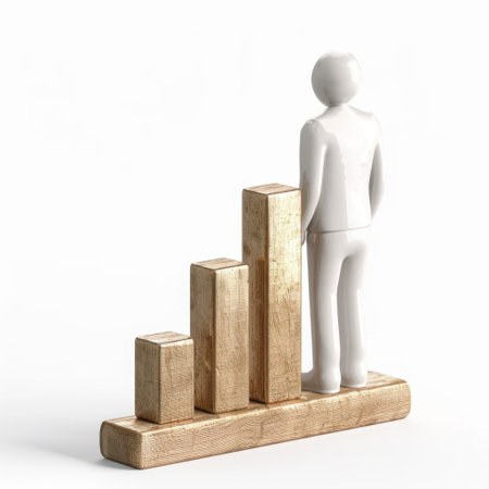 A minimalist representation of business growth featuring a human figure beside ascending wooden bars, symbolizing success, progress, and achievement in the corporate world.の素材
