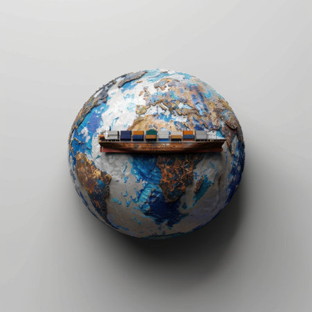 A 3D illustration of a cargo ship on a globe represents global trade and transportation. It highlights the interconnectedness of the world through shipping and logistics.の素材