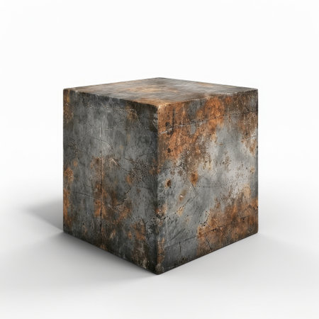 This image features a metallic cube with a rustic patina, showcasing unique textures and a minimalist aesthetic. Ideal for artistic projects and backgrounds.の素材