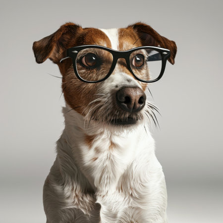 A charming dog wearing glasses sits thoughtfully, exuding intelligence and curiosity. This unique portrait is perfect for animal lovers and can add personality to various projects.の素材
