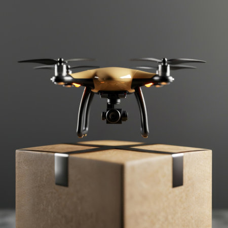 A sleek drone hovers above a cardboard box, symbolizing modern delivery and logistics technology. Perfect for illustrating innovation in the shipping industry.の素材