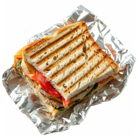 A delicious grilled sandwich featuring fresh vegetables and cheese, wrapped in foil. Perfect for outdoor picnics or a satisfying snack option on-the-go.の素材