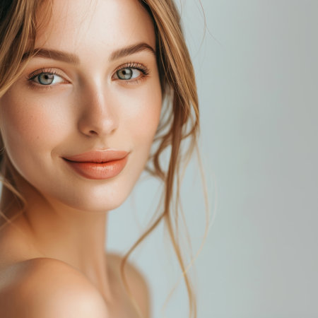 This captivating close-up portrait captures a young woman with radiant skin and soft features. Her natural makeup enhances her beauty, creating an elegant and serene look.の素材
