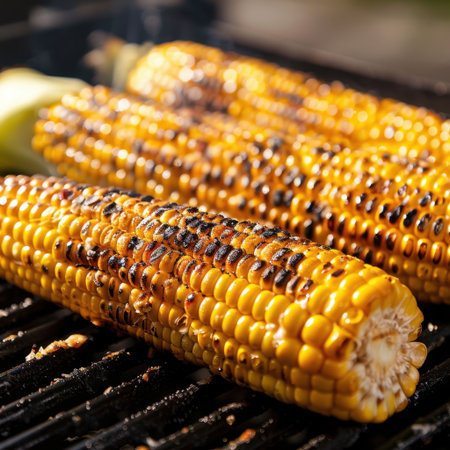 A vibrant scene of corn on the cob grilling to perfection with beautiful char marks, representing the joy of outdoor cooking during warm summer days.の素材
