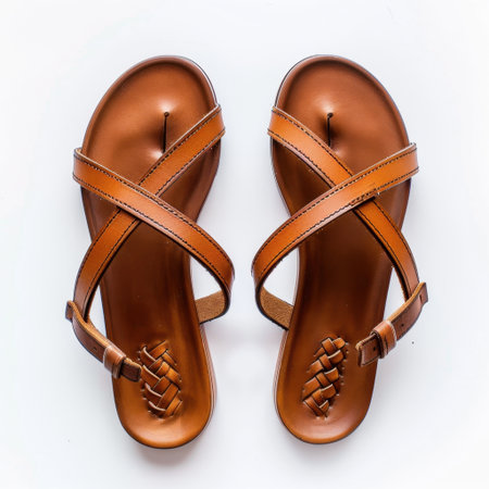 Discover these stylish brown leather sandals featuring crossed straps and a comfortable footbed, ideal for summer outings or casual wear. Perfect for warm weather.の素材