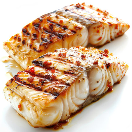 This image features delicious grilled fish fillets with a savory glaze, presented on a white plate. Perfect for showcasing culinary skills and fresh ingredients.の素材
