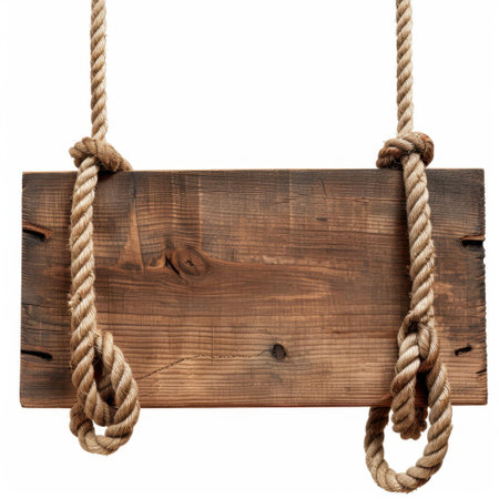 This rustic wooden sign features a thick rope for hanging, embodying a natural, vintage design ideal for home decor, signage, and outdoor settings.の素材