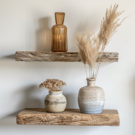 Explore a visually appealing arrangement featuring wooden shelves adorned with stylish vases and soft dried plants, perfect for creating an inviting home atmosphere.の素材