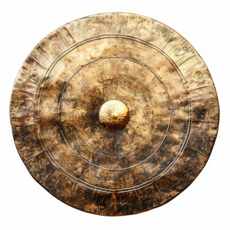 This striking bronze shield features an intricate design with detailing that emphasizes its artistic value and historical significance, perfect for various projects.の素材