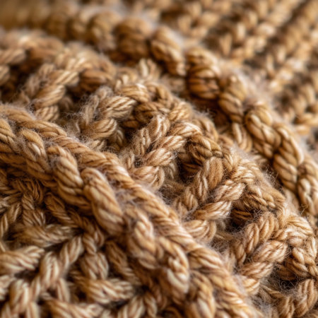 This close-up image captures the intricate details of handmade knitting using textured yarn in warm brown hues, perfect for textile art and home decor projects.の素材