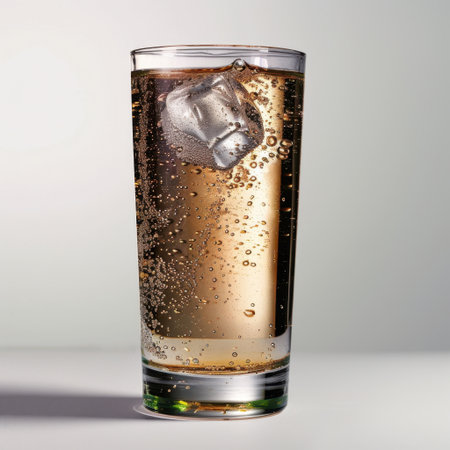 Refreshing glass filled with sparkling beverage and ice cubes, showcasing bubbles and cool condensation, perfect for enhancing summer gatherings or dining moments.の素材