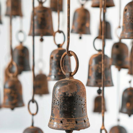 A captivating arrangement of old vintage bells displayed artistically against a soft background. These weathered bells exhibit unique textures and charming details.の素材
