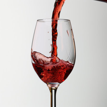 A vibrant red liquid pours into a clear glass, showcasing dynamic splashes and bubbles. This minimalist image captures the essence of elegance and refreshment.の素材