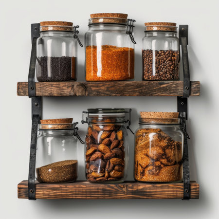 A beautifully arranged rustic wooden shelf displaying assorted glass jars containing spices, nuts, and sweet ingredients, perfect for enhancing any kitchen decor.の素材