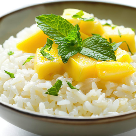 A visually appealing bowl of fluffy white rice topped with sweet mango pieces and fresh mint leaves, ideal for a refreshing and flavorful dish. Perfect for any occasion.の素材