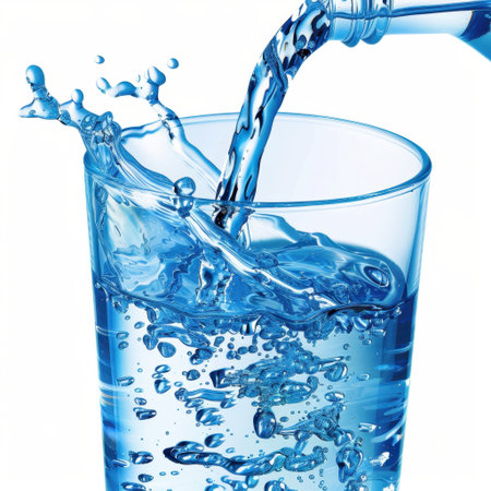 A vibrant image showcasing water splashing into a clear glass, highlighting the beauty of hydration with bubbles and a refreshing essence in a bright setting.の素材