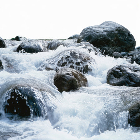 Experience the soothing essence of nature with flowing water over smooth rocks. This image captures the tranquility of a serene stream in an idyllic outdoor setting.の素材