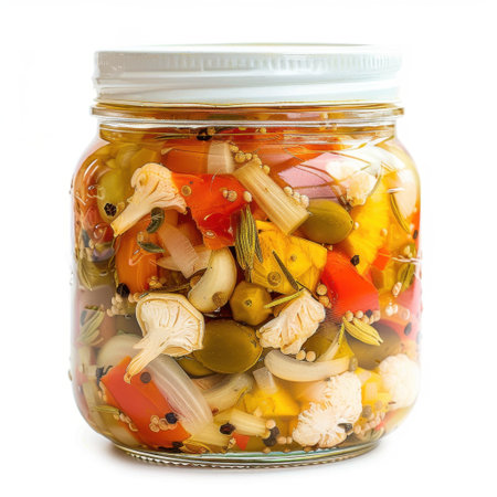 A vibrant jar filled with assorted pickled vegetables showcasing fresh produce, herbs, and spices, ideal for enhancing meals or as a healthy snack alternative.の素材