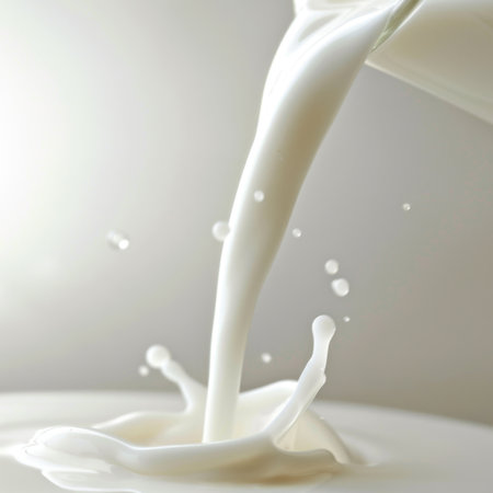 A close-up view of smooth white milk pouring into a clear glass, showcasing the fresh and creamy texture with splashes of liquid, ideal for food photography themes.の素材