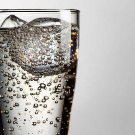 Captivating close-up of sparkling water filled with bubbles, showcasing the elegant reflection through a transparent glass, perfect for beverage photography.の素材