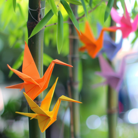Colorful origami cranes gracefully hang from a bamboo branch, surrounded by vibrant greenery, creating a peaceful and artistic atmosphere perfect for creative projects.の素材