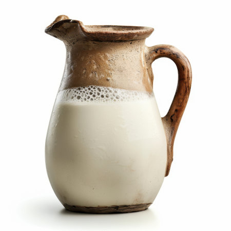 This rustic clay pitcher filled with fresh milk offers a charming visual for culinary themes, highlighting natural textures and the essence of wholesome beverages.の素材