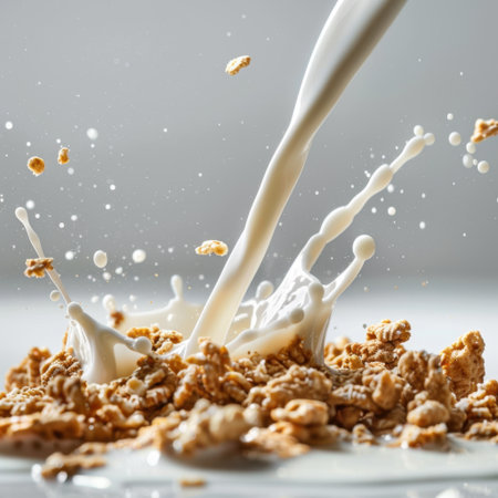 A vibrant and energetic scene featuring milk splashing over crunchy cereal in a bright kitchen, evoking feelings of freshness and joy during breakfast moments.の素材