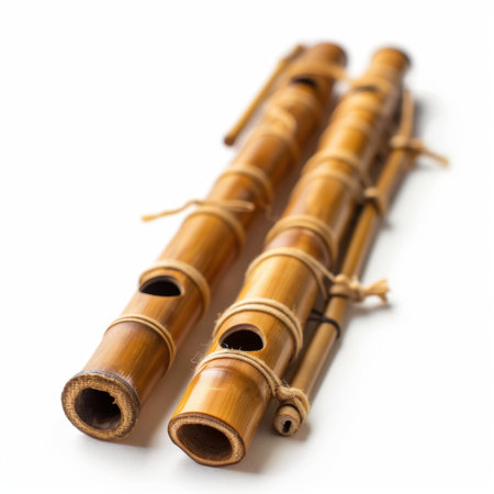 This image features beautifully crafted bamboo flutes showcasing their natural texture and intricate design, evoking cultural heritage and musical artistry. Perfect for creative projects.の素材