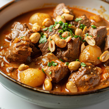 A mouthwatering beef stew filled with tender meat, hearty potatoes, and crunchy peanuts, perfect for comforting dinners. Rich in flavor, satisfying, and nourishing.の素材