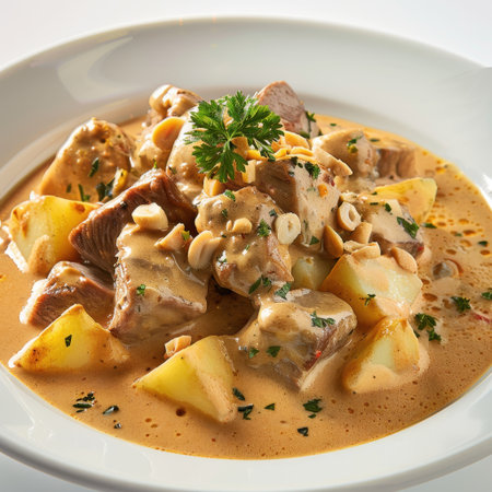 Indulge in this delightful creamy stew featuring tender meat, hearty potatoes, crunchy nuts, and fresh herbs, served in an elegant white bowl for a comforting meal.の素材