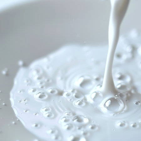 A smooth white liquid pours into a shallow pool, creating mesmerizing ripples and droplets against a softly lit background, evoking freshness and elegance.の素材