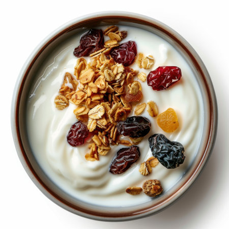 Delight in a creamy yogurt bowl topped with crunchy granola and colorful dried fruits, perfect for a nutritious and satisfying breakfast or snack option.の素材