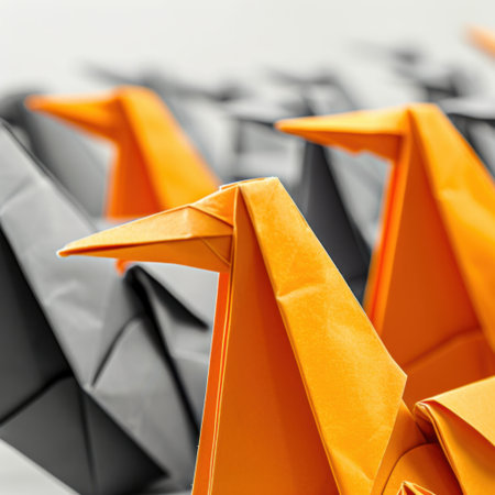 A vibrant display of origami cranes showcases the beauty of paper folding. Orange and black cranes create a striking visual on a textured backdrop, highlighting craftsmanship.の素材