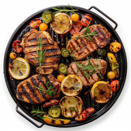 This image showcases a beautifully arranged platter of grilled meats, featuring colorful vegetables and fresh herbs, ideal for food lovers and culinary inspirations.の素材