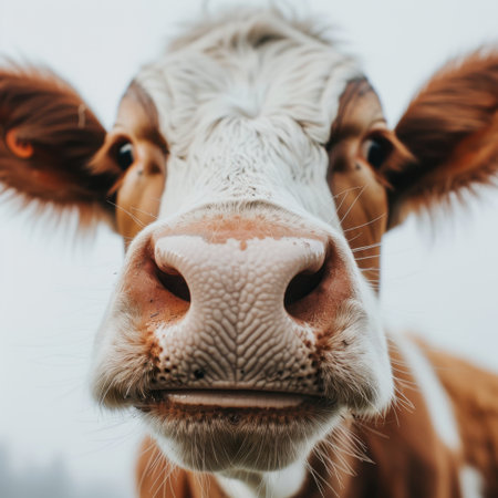 A detailed close-up of a curious cow showcasing its big eyes and unique nose, against a serene farm background enveloped in lush green grass and natural landscapes.の素材