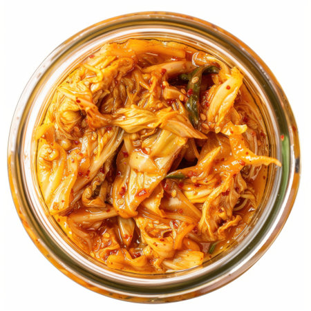Discover a vibrant close-up of kimchi, a spicy fermented cabbage, in a transparent jar. Perfect for culinary projects, this image showcases rich colors and texture.の素材