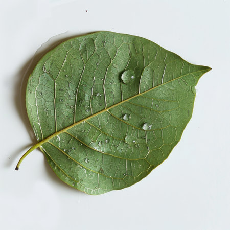 A stunning close-up of a vibrant green leaf adorned with delicate water droplets, set against a clean white background, capturing the essence of nature's beauty and detail.の素材