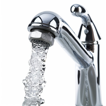 A modern chrome faucet showcases a clear stream of water flowing from the tap, enhancing any kitchen or bathroom space with its sleek and clean design.の素材