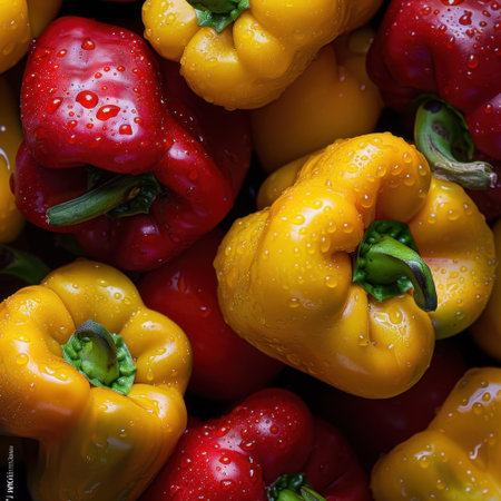 A colorful arrangement of fresh red, yellow, and green bell peppers with glistening water droplets highlights their vibrant appearance, perfect for culinary projects.の素材
