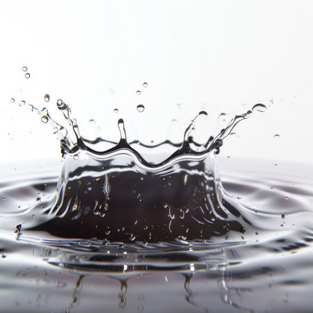 This high-speed capture of a water drop creates dynamic splashes and ripples on a calm surface, showcasing the beauty and elegance of liquid motion.の素材