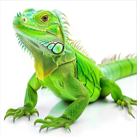A striking image of a green iguana, showcasing intricate details of its scales and vibrant colors against a white background, perfect for nature lovers and wildlife enthusiasts.の素材