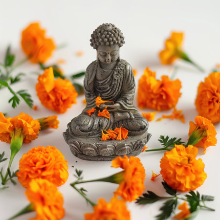 A tranquil Buddha statue amidst bright marigold flowers creates a peaceful ambiance, symbolizing spirituality and meditation in beautiful harmony and color.の素材