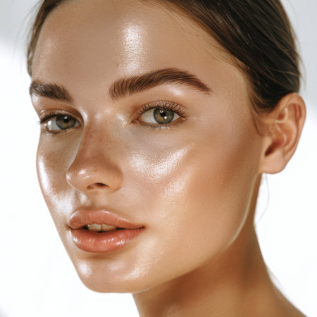 A stunning close-up of a young woman showcasing her radiant skin and natural makeup. The image conveys beauty, confidence, and a fresh aesthetic in soft lighting.の素材