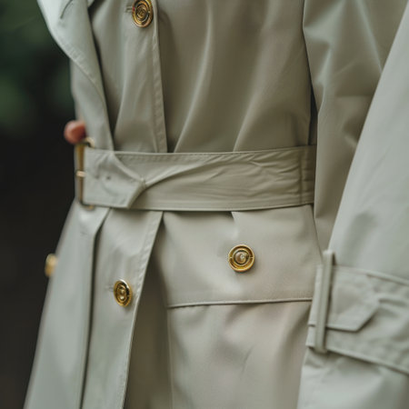 A close-up shot showcasing a chic beige trench coat with gold buttons and a belt, emphasizing the intricate details of the fabric in a stylish outdoor environment.の素材